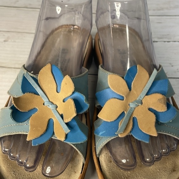 Naot Shades of Blue and Beige Leather Flower Embellished Slide Sandals - Picture 8 of 12